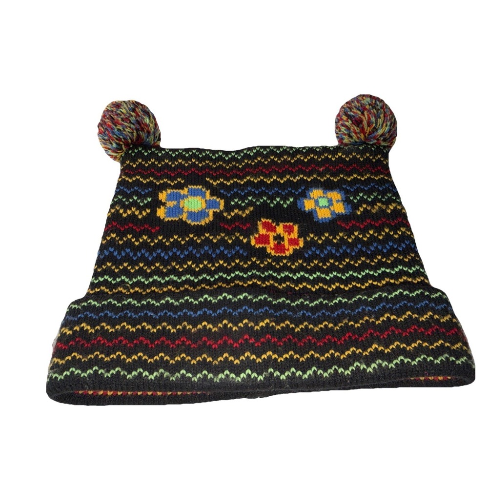 Knitted Kids Hat Beanie Pompom Tassels Ski Multicolor Hippi Boho Flowers